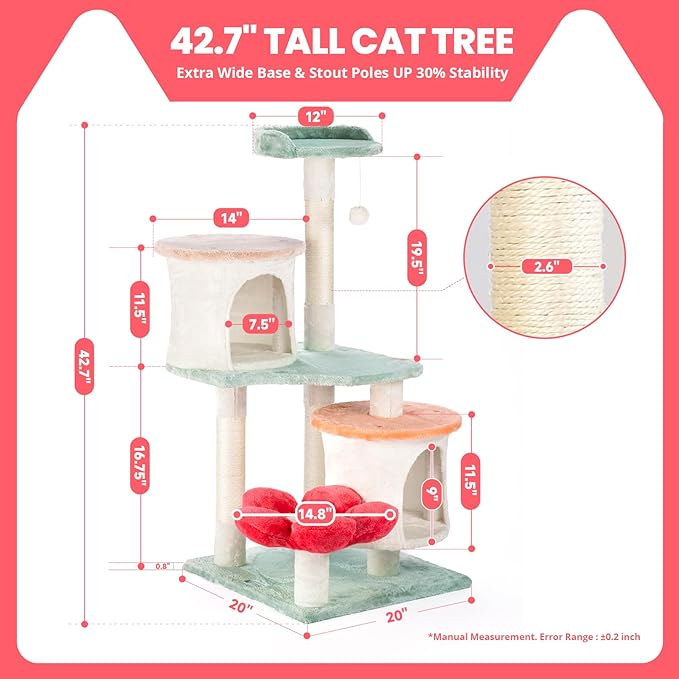HYABi 42.7 inch Flower Cat Tree Tower Condo Furniture Apartment Plush Habitat Kitten Amusement Platform Multi-Level with Scratch Posts Toy Ball Pet House Play for Indoor Cats