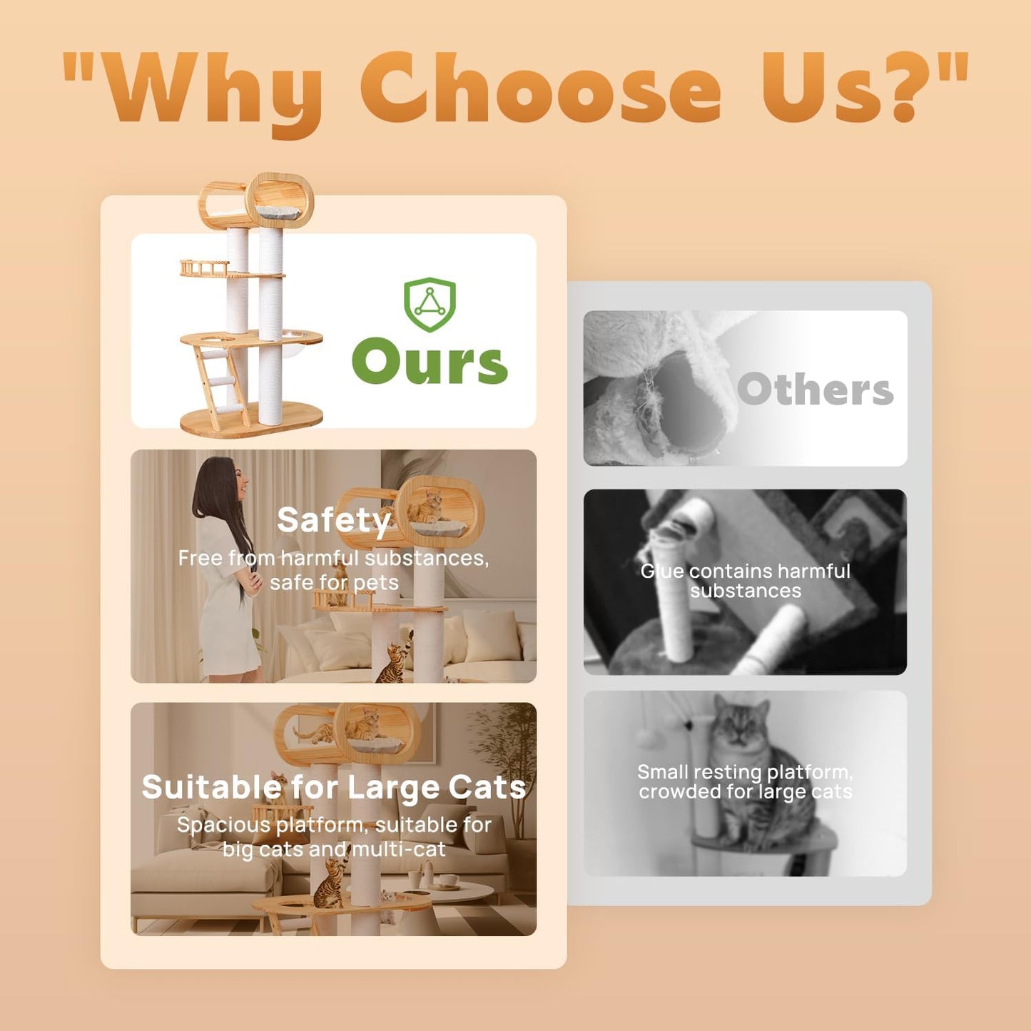 63.6'' Modern Cat Tree Indoor, Solid Wood Cat Tree with Scratching Post for Multi-Cat Families, Tall Cat Tower with Auxiliary Stairs, Huge Condo for Large Cats