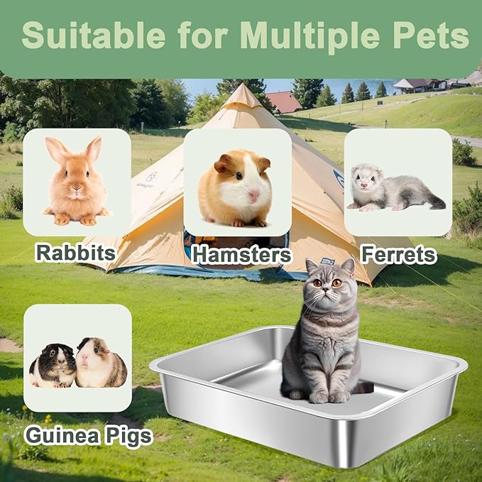 Stainless Steel Cat Litter Box for Kitten, Metal Litter Pan Tray for Rabbits Hamsters, Easy to Clean Cat Toilet Supplies-17.72''Lx 13.78'' W x4'' H