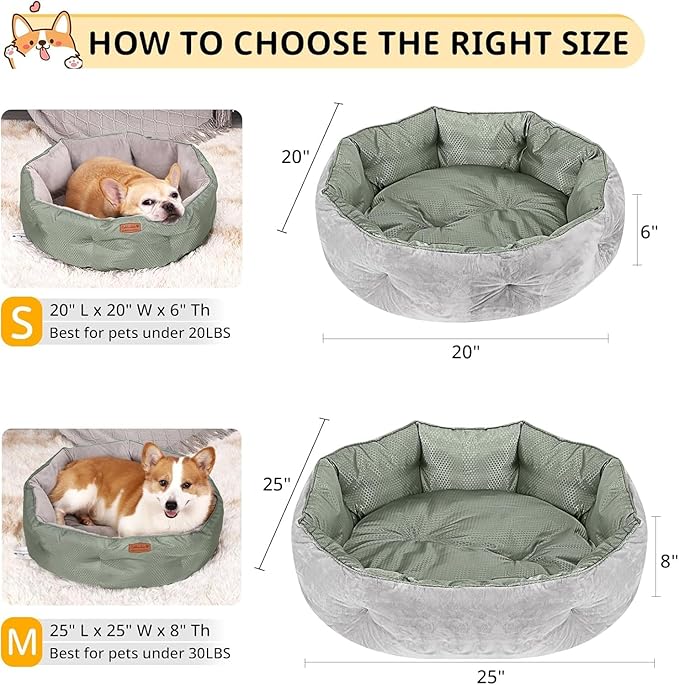 Dual-Sided Dog Beds for Medium & Small Dogs - Round Cat Beds for Indoor Cats, Washable Pet Bed for Puppy and Kitten with Slip-Resistant Bottom (Grey, 20" L x 20" W x 6" Th)