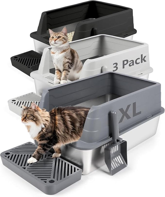 3 Pack Stainless Steel Litter Box, XL 22.9” x 15” x 10.3” High Sided Metal Cat Litter Tray with Scoop, Filter Pedal for Anti-Splash, Non-Sticky, Easy to Clean (Dark Grey&Light Grey&Black)