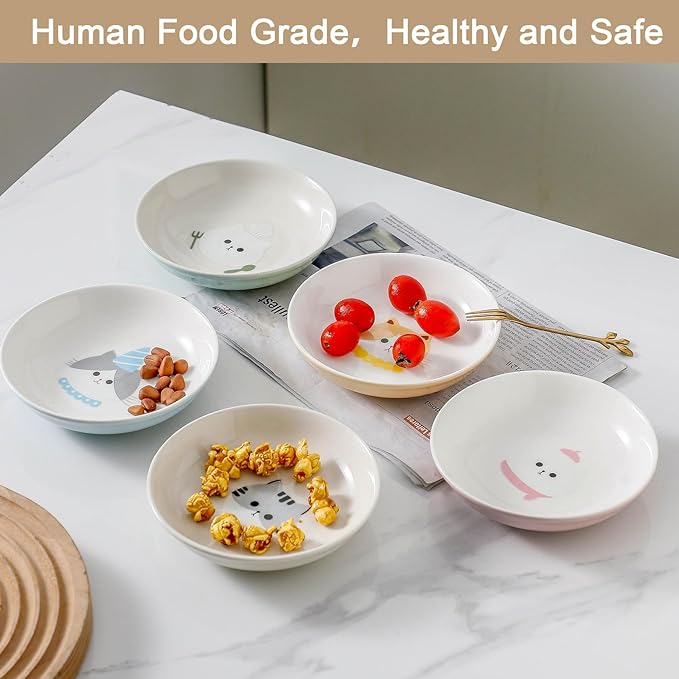Ceramic Cat Bowls Set - 5.5 inch Wide Cat Food Bowls Whisker Fatigue Friendly, 5 Colorful Kitten Dish Plates with Cute Pattern for Wet and Dry Food Water