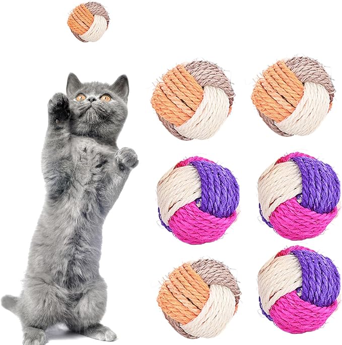 6Pcs Cat Toy Sisal Ball Pet Scratching Ball Chew Eco-Friendly Toy Pets Interactive Toy Bite and Wear Resistant(Random Color)