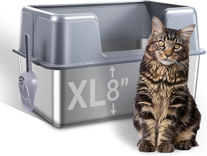 Stainless Steel Cat Litter Box with Lid, 23.7" L x 15.8" W x 13.8" H XL Metal Kitty Litter Box for Big Cats, High Sided Enclosure, Non-Sticky, Anti Urine Leakage, Easy Cleaning
