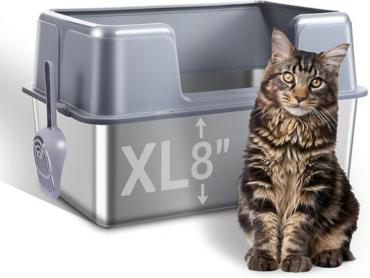 Stainless Steel Cat Litter Box with Lid, 23.7" L x 15.8" W x 13.8" H XL Metal Kitty Litter Box for Big Cats, High Sided Enclosure, Non-Sticky, Anti Urine Leakage, Easy Cleaning