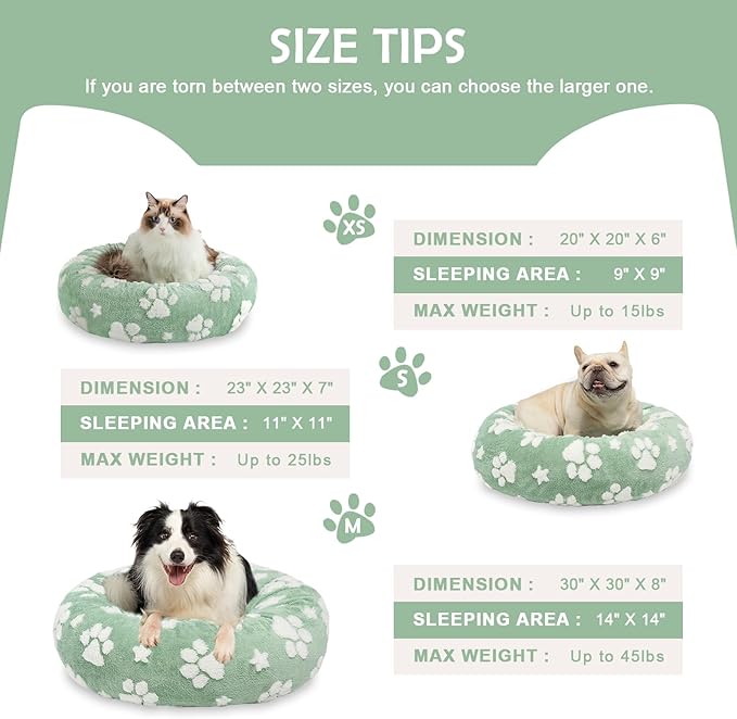 Donut Dog Beds for Medium Dogs, Calming Round Cat Beds for Indoor Cats, Cute 3D Textured Paw Pet Bed with Removable Washable Cover and Anti-Slip Bottom（Green，30"）