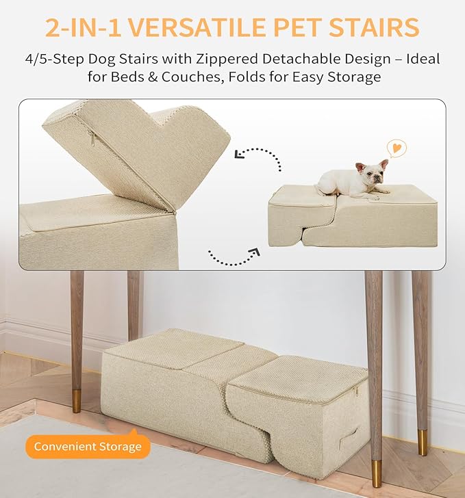 Made4Pets Dog Stairs Ramp for High Bed, 5-Step Pet Stairs for Bed Couch Sofa Climbing, 35D Foam Pet Steps for Small Dogs and Cats, Non-Slip Bottom Dog Steps, Beige