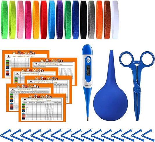 Puppy Kitten Whelping Kit, Newborn Dogs Cats Pet Whelping Kit with 6P Record Keeping Charts, 15P Pet ID Collars, 1P Aspirator Bulb, 15P Umbilical Cord Clip, 1P Hemostatic Forcep