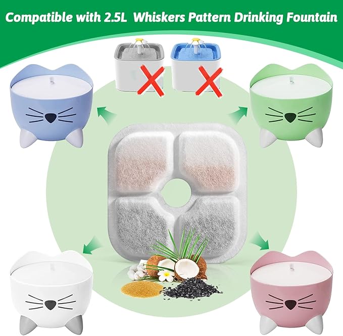 Cat Water Fountain Replacement Filters Fit for 2.5L Fountain with Whiskers Pattern Triple Action Water Pet Cat Drinking Fountain Filter Pack of 12