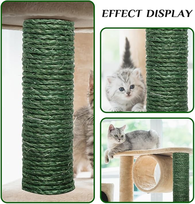 Green Sisal Rope 1/4 Inch by 164-Feet for Cat Scratching Post Tree Tower Replacement Repair and Replace, DIY Hemp Twine Rope for Kittens Shelves Furniture Window Bed Perch House Climbing, 6mm by 50m