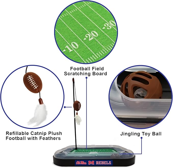 Cat Scratching Toy NCAA Louisville Cardinals Football Field Cat Scratcher Toy + Interactive Cat Ball Bell in Tracks. 5-in-1 CAT Toy: Cat Wand Poll + Catnip Filled Plush Football & Feathers