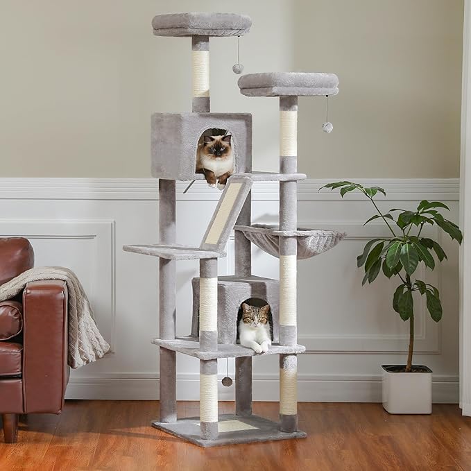 PAWZ Road 70 Inch Cat Tower, Tall Cat Tree with 2 Cozy Condos, 2 Plush Perch, Large Basket, 2 Scraching Pad & 6 Scraching Posts for Indoor Cats Large Adult, Gray
