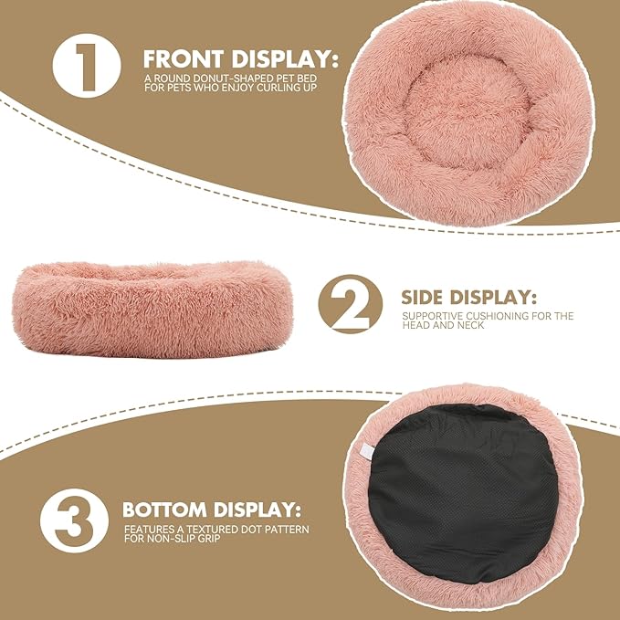 Athena Collection Washable Dog Bed Medium Size Dog, Cat Bed for Indoor Cats, 31 Inches Fluffy Faux Fur Round Pet Bed Calming Cozy Soft Warming Donut for Medium Puppy Kitten, Pink