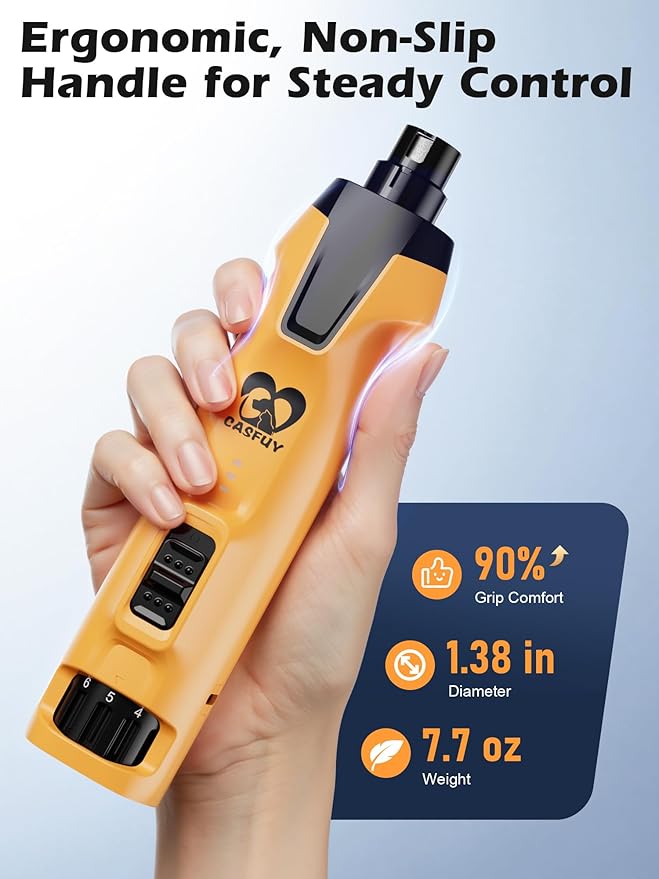 Casfuy 6-Speed Dog Nail Grinder – 50%+ Boost Power Dog Nail Trimmers Quiet with Dust Cap & 2 LED Lights & 2000mAh Battery & 4.8V Motor Electric Pet Toenail File Tool for Large Medium Small Dogs Cats