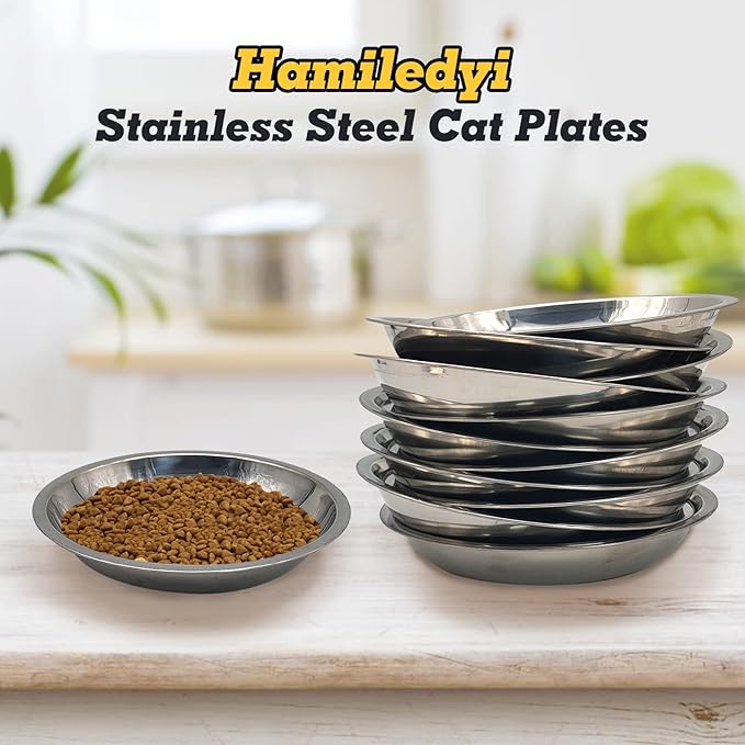 Hamiledyi 12 Pcs Stainless Steel Cat Bowls Replacement Whisker Fatigue Relief Cat Plates Pet Water Dish Shallow Kitten Bowls Pet Bowls for Dogs Cats or Other Small Animals (7.05 Inch Diameter)