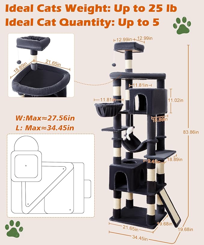 AMHANCIBLE Large Cat Tree, 83 Inch Multi-Level Tall Tower for Indoor Adult Cats, with Scratching Post and Board, Hammock, Condos, Hanging Basket, Activity Center to Play and Sleep, Dark Grey, PT21DG