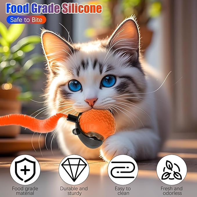 2PCS Interactive Cat Toy for Indoor Cats, Speedy Ball with Tail, Automatic Moving Cat Balls for Bored Indoor Adult Cats, Two Speed Adjustment,360°Automatic Rolling Ball Toy (Blue+Orange)