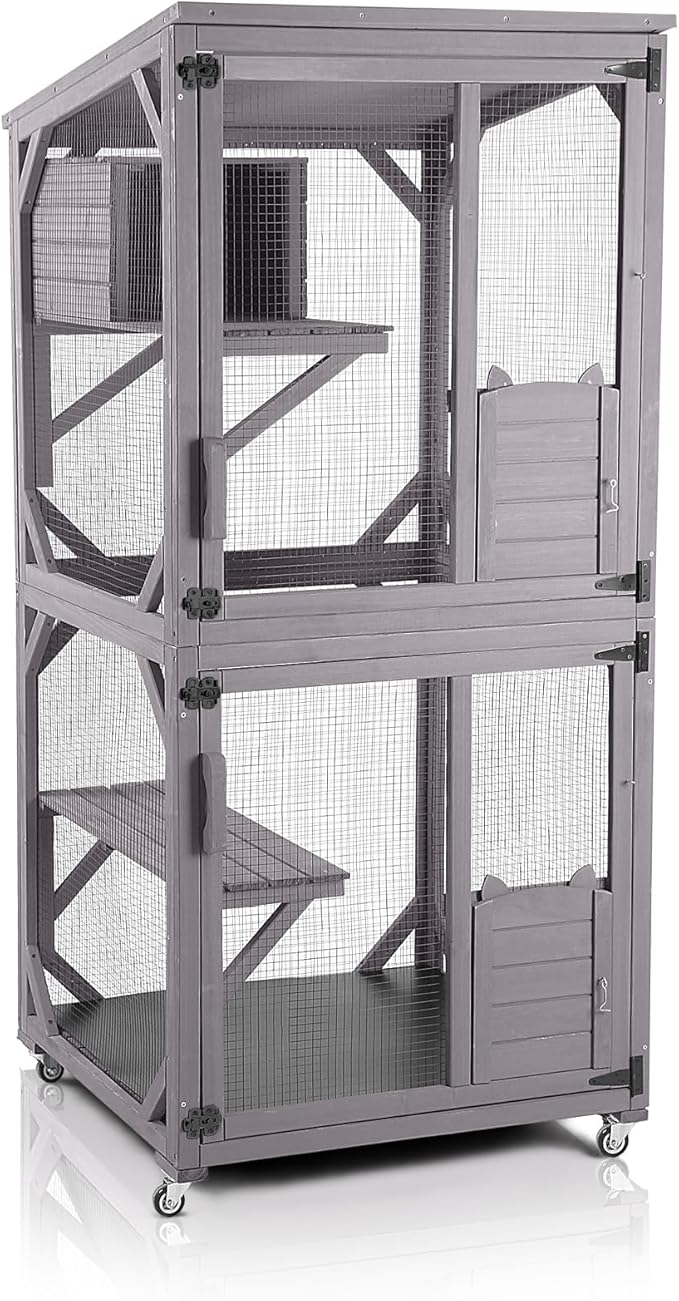 GUTINNEEN Cat House Outdoor Cage Cat Enclosure on Wheels,Large Wooden Kitty Catio with Resting Box,PVC Layer