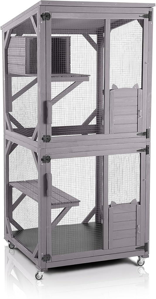 GUTINNEEN Cat House Outdoor Cage Cat Enclosure on Wheels,Large Wooden Kitty Catio with Resting Box,PVC Layer
