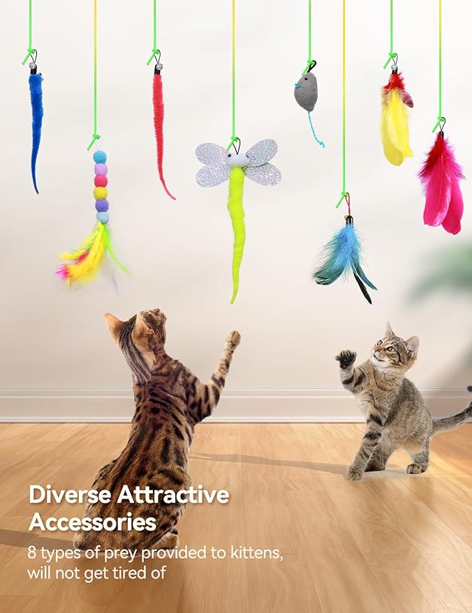 Laser Interactive Cat Toys, LED Light, 8 PCS Replacement Teaser with Bell Refills, Feather & Mouse Cats Toy, Hanging Cat Toys for Indoor Cats, for Bored Adult Kitten Exercise, Silver