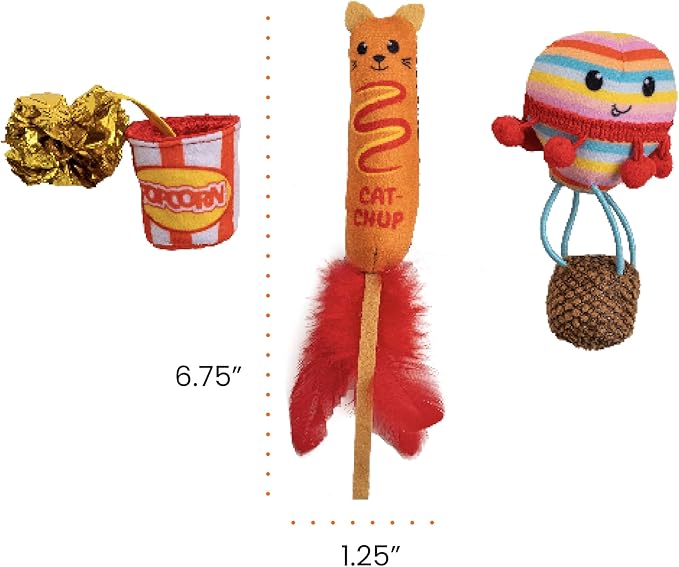 Catstages Pawrty Cat Toys, 3-Pack Catnip Plush Toys with Crinkle, Feathers & Flinger, Multicolored