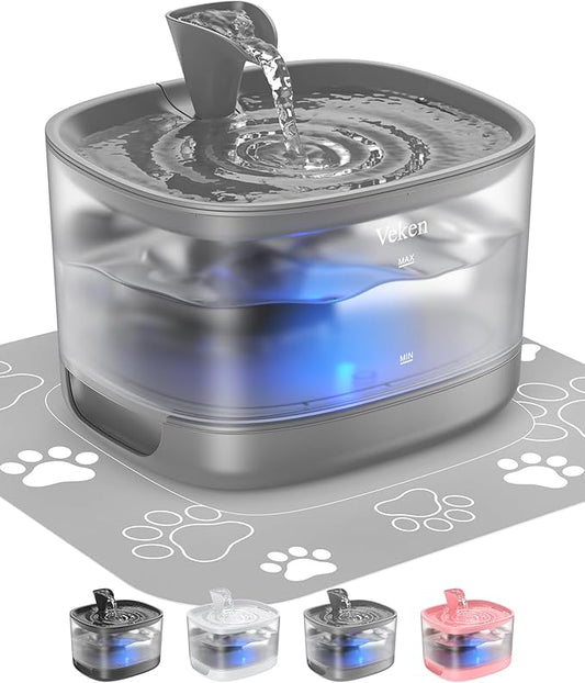 Veken Cat Water Fountain with Detachable Tank, Easy to Clean & Assemble, 84oz/2.5L Automatic Pet Drinking Dispenser with Quiet Operation & LED Light for Cats, Dogs and Small Pets, Grey