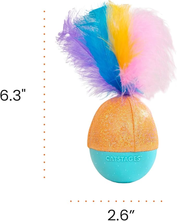 Catstages Whack N' Wobble Ball Intearctive Cat Toy, Weighted Ball with Feathers, Bell, Glitter Fabric & Catnip Oil, Turquoise