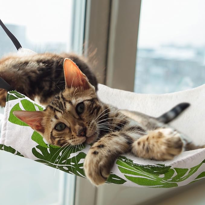 2 Pieces Reversible Cat Hanging Hammock Soft Breathable Pet Cage Hammock with Adjustable Straps and Metal Hooks Double Sided Hanging Bed for Small Dogs Rabbits(Monstera Leaf,M)
