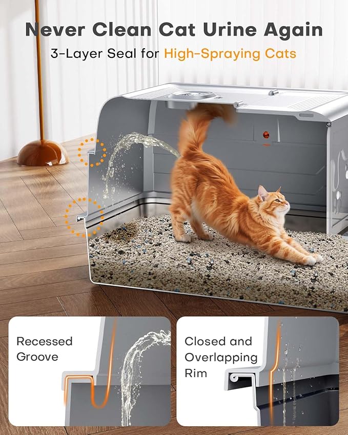 CATLIKE® 2025 Upgrade 152L XXXL Stainless Steel Cat Litter Box - 3-Layer Urine Leak-Proof, Enclosed Design w/Charcoal Filter for Maine Coon & Multi-Cat Homes, Includes Metal Scoop & Mat