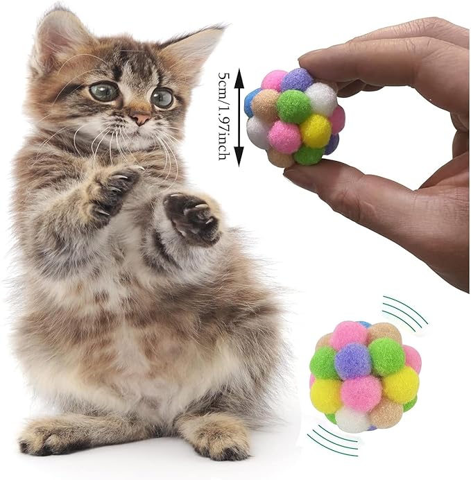 AQSXO 2 Inches Cat Toy Balls with Bell, Colorful Soft Fuzzy Balls, Cat Toys for Indoor 12 Pieces.