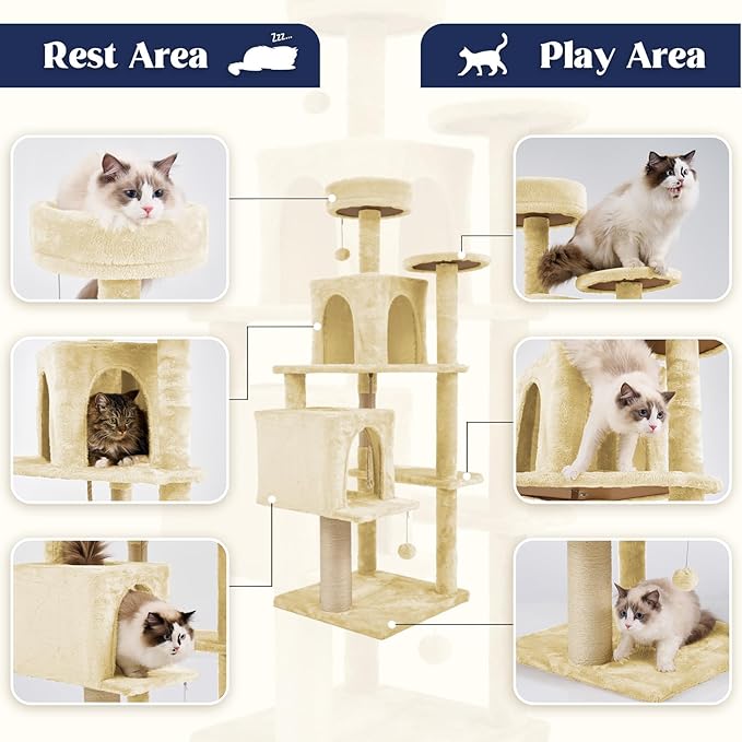 58.5inch Large Cat Tree Tower Condo for Indoor Cats, Soft Plush Multi-Level Climbing Tree Cat House, Scratching Post, More Entrance/Exit, Sisal Rope, Beige Almond