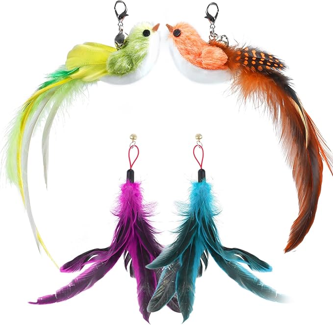 ROSAUI Interactive Cat Toy Replacements - Set of 4 Bird and Feather Attachments for Cat Teaser Wand - Lifelike Birds & Natural Feathers for Indoor Play - Ideal for Cats & Kittens