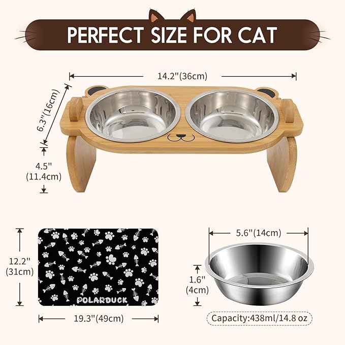 Tilted Elevated Cat Food Bowls Set: Raised Pet Dishes for Cats & Puppy with 15°Tilted Bamboo Stand, Stainless Steel Food & Water Bowl and Pet Feeding Mat | Anti Vomiting (2 Bowls | Red Panda)