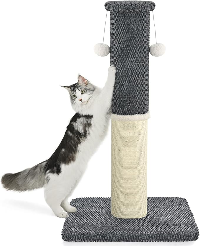 Made4Pets Tall Cat Scratching Post, Heavy Duty and Thicker Scratching Posts for Indoor Cats Adults, 33" Natural Sisal Cat Scratcher with Hanging Balls, Sturdy Base Cat Scratch Post, Dark Grey
