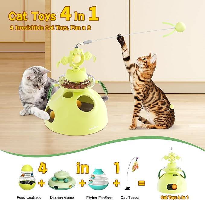 4-in-1 Cat Toys, Interactive Cats Toy with Track Balls, Fluttering Feathers, Slow Food Dispenser, Fun & Engaging Cat Toys for Bored Indoor Cats, Durable & Safe (Green)