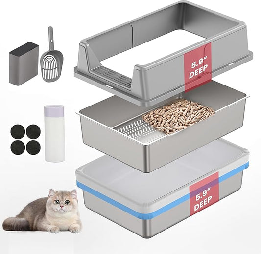 23.6" x 15.7" x 11.8" TIUUBT Stainless Steel Sifting Litter Box for Pine Pellets, Large Sifting Cat Litter Box with Sifter, High Side for Big Cats, Anti-Leakage, Odor Control, Includes Scooper