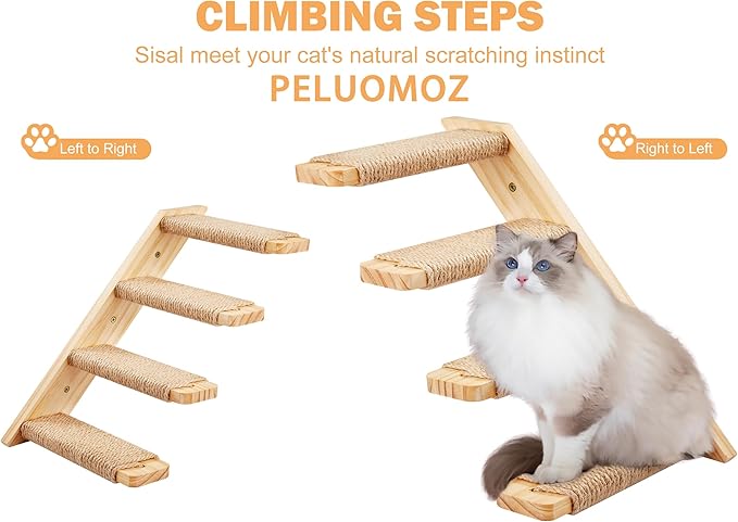 Cat Climbing Shelves Four Stair Shelf Wall Mounted Reversible Left & Right Direction, Cat Stairway Shelf for Climbing with Sisal Rope Ladder Wall Pets Furniture