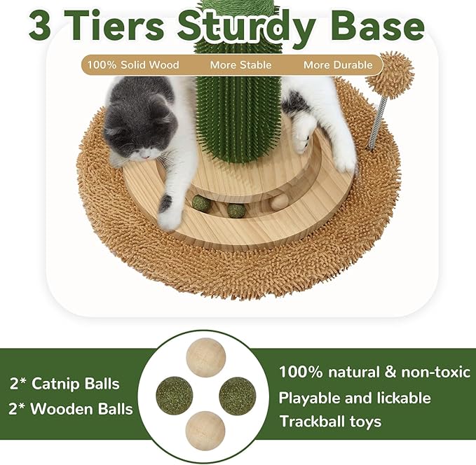 OTOB 36" Tall Cat Cactus Scratching Post, Natural Sisal Rope Cat Scratcher Post, Vertical 6-in-1 Interactive Turntable Cat Scratch Post with Soft Ball Toys, Protect Your Furniture (Green/Brown)