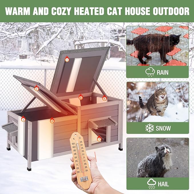 Heated Insulated Cat House Outdoor for Winter, Feral Cat Shelter with Weatherproof Asphalt Roof Outside, Kitty Home to Keep Cats Warm