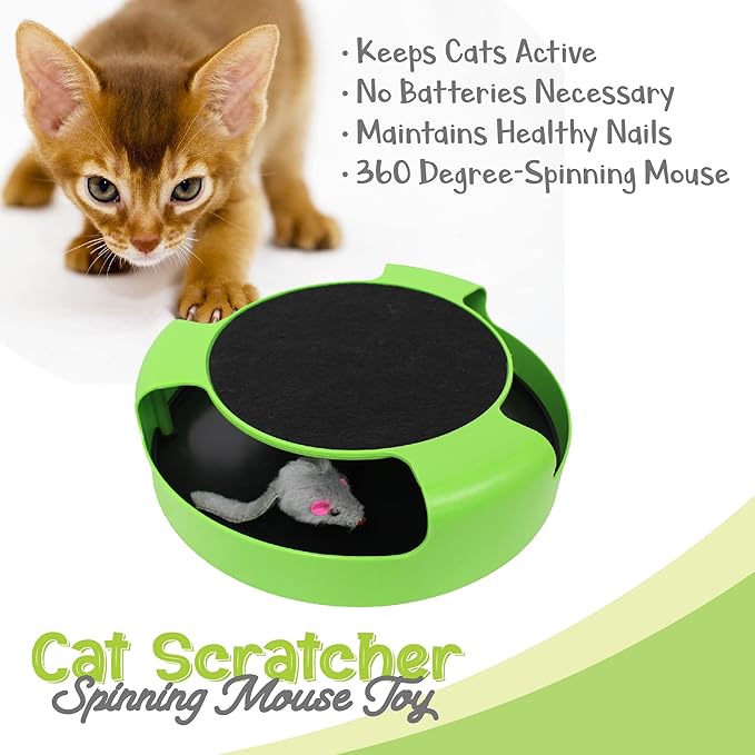 Interactive Cat Scratcher Toy with Spinning Mouse Toy for Cats, Toy with Scratching Board and Running Mouse, Fun Cat Stimulating Toy, No Batteries Required. Endless Fun for Your Kitties