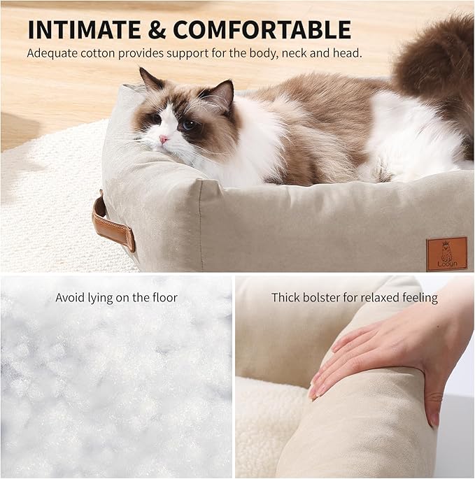 20In Dog Bed for Small Medium Sized Dogs and Cats - Washable Rectangle Puppy Bed for Indoor Outdoor, Cozy Pet Bed with Support Pillow & Non-Slip Bottom(Beige, Small)