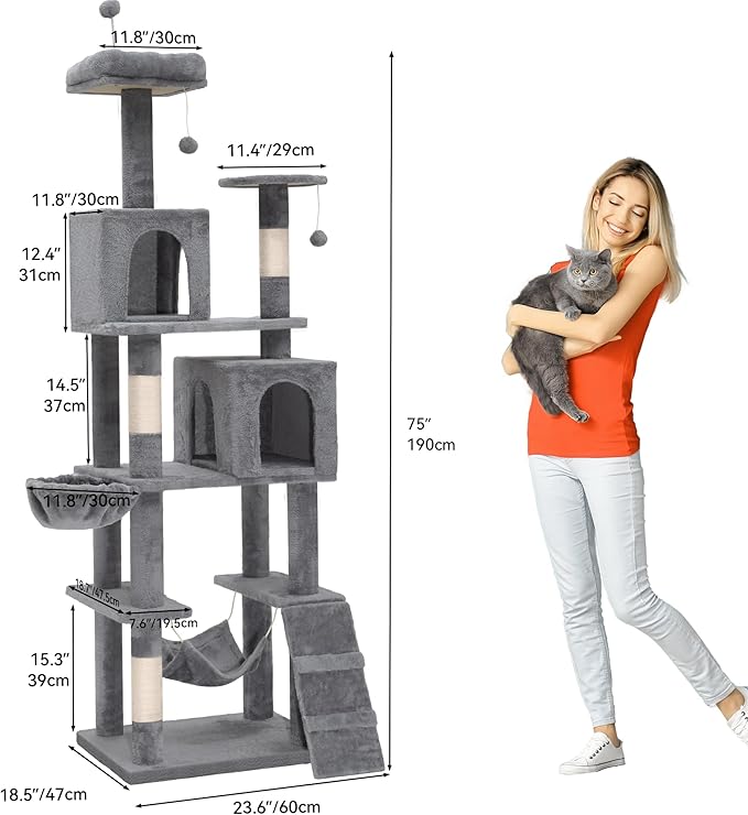 YITAHOME 75in Cat Tree Tower for Indoor Cats, Multi-Level Cat Furniture with Scratching Posts, Cat Caves, Padded Perch, Cozy Hammock, Ladder, and Plush Balls for Kittens, Pet Play House Light Gray