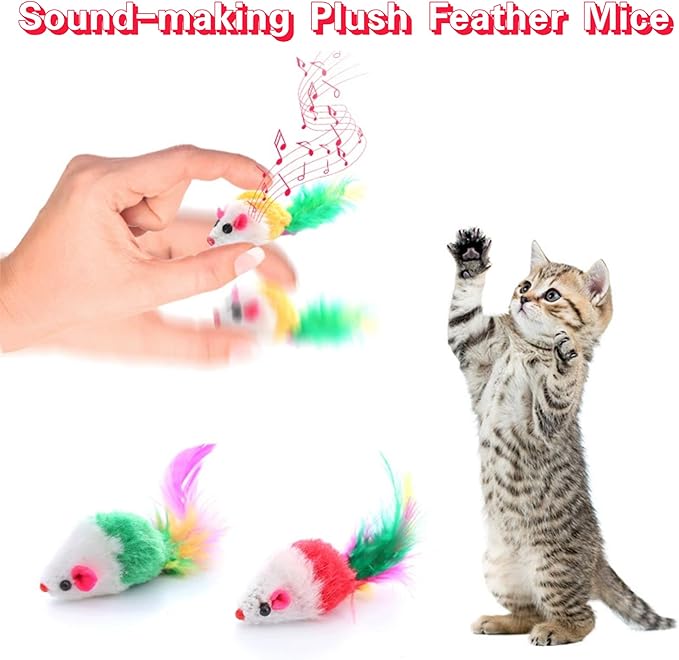 Cat Toys, 6 Pack Furry Rattle Mouse Toy Interactive Cat Toy with Feather Tail, 6 Assorted Faux Fur Kitten Toy 5.5” Realistic Size Mini Mice Cat Toy for Bored Indoor Adult Cat