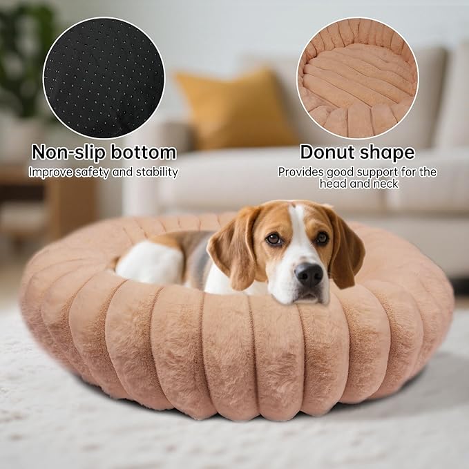 Calming Donut Dog Cat Bed, Anti-Anxiety Fluffy Warm Cozy Round Puppy Bed, Fuzzy Comfort Plush Pet Beds for Small Medium Dogs & Cats (20"/23"/28"/30"/36")
