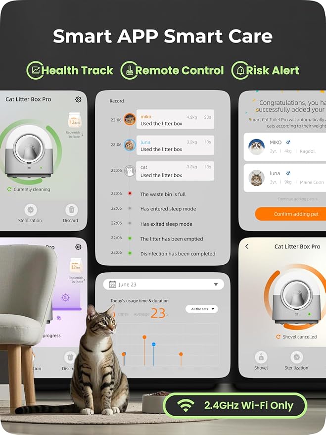 TYPro Self Cleaning Cat Litter Box Automatic Hands-Free Smart Robot self Cleaning Cat Litter Box for Multiple Cats with APP Control Safe with Litter Mat Waste Bags and Deodorizer