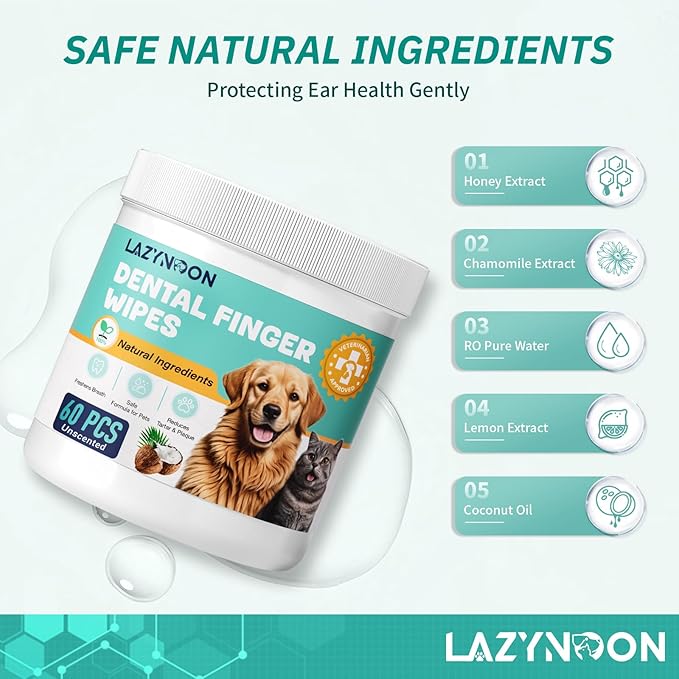 LAZYNOON Dog Teeth Cleaning Wipes - Dog Dental Wipes, Pet Dental Finger Wipes for Dogs & Cats Teeth with Brushing Beads, Removes Plaque and Tartar Buildup, Freshens Breath, 60 Count