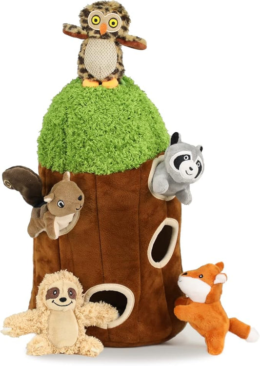 Hide and Seek Dog Puzzle Puppy Toys, Interactive Squeaky Plush, Stuffed Toys for Dogs (Sheep, Panda, Forest Animals) (Tree Hole Mix Large)