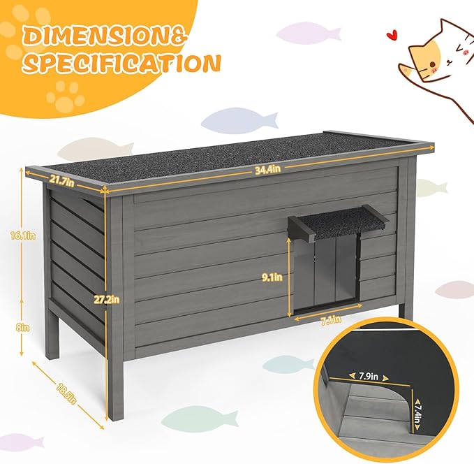 Outdoor Cat House for Winter Waterproof Feral Cat House, All-Round Foam Insulated and Thermostatic Large Outdoor Cat Shelter, Solid Wood Cat Condos for Multiple Cats 34.4 "L * 21.7" W * 27.2"H