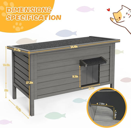 Outdoor Cat House for Winter Waterproof Feral Cat House, All-Round Foam Insulated and Thermostatic Large Outdoor Cat Shelter, Solid Wood Cat Condos for Multiple Cats 34.4 "L * 21.7" W * 27.2"H