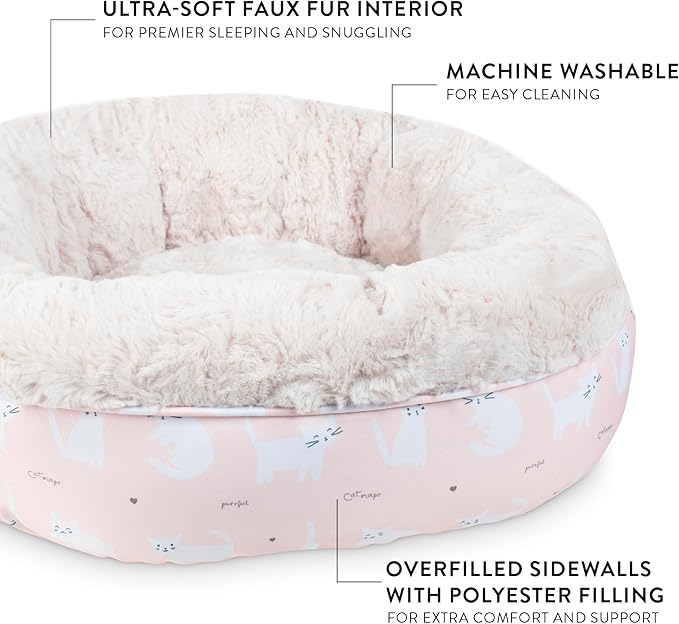 Fringe Studio Miss Kitty Heart Lite Peach Small Circle Pet Bed 18"- Poly Filled with Faux Fur Interior - Machine Washable